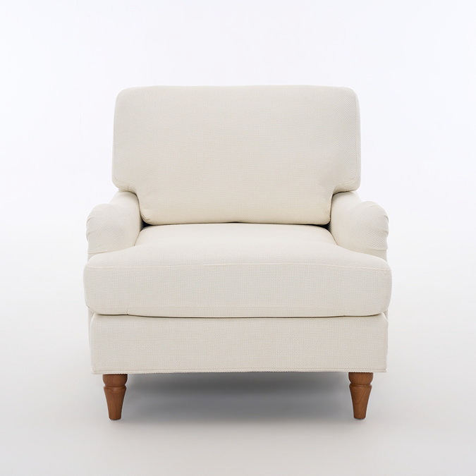 front on cut out image of beige woven armchair with warm wood legs