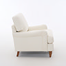 side on cut out image of beige woven armchair with warm wood legs