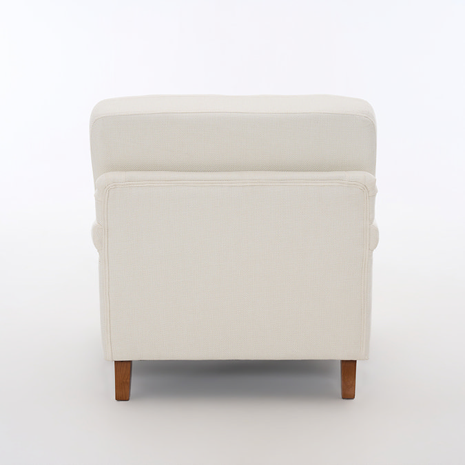 back facing cut out image of beige woven armchair with warm wood legs