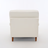back facing cut out image of beige woven armchair with warm wood legs
