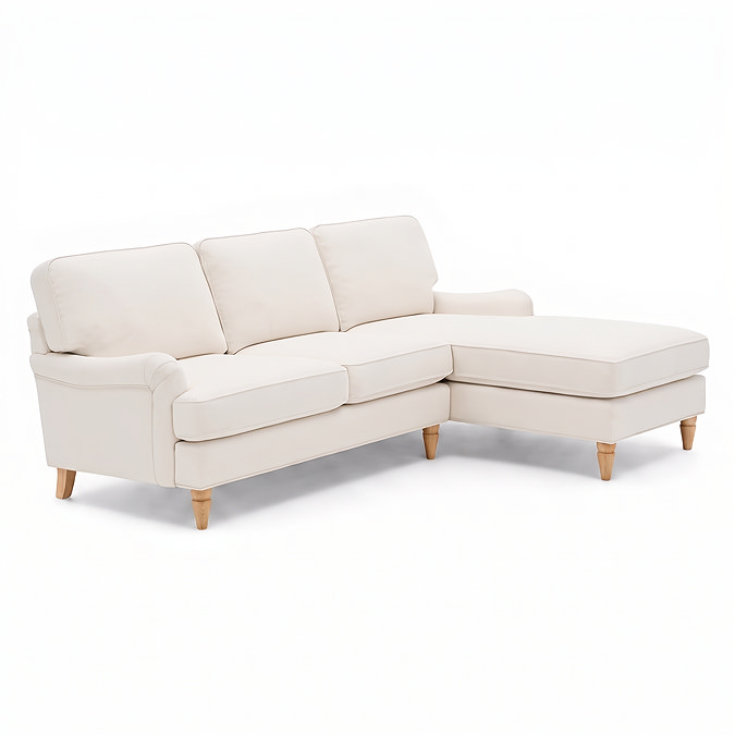 angled cut out image of beige woven left corner sofa with light wood legs