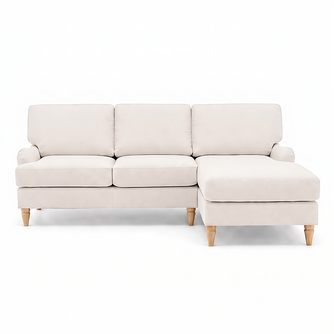 front on cut out image of beige woven corner sofa with light wood legs