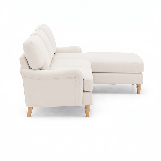 side on cut out image of beige woven left corner sofa with light wood legs