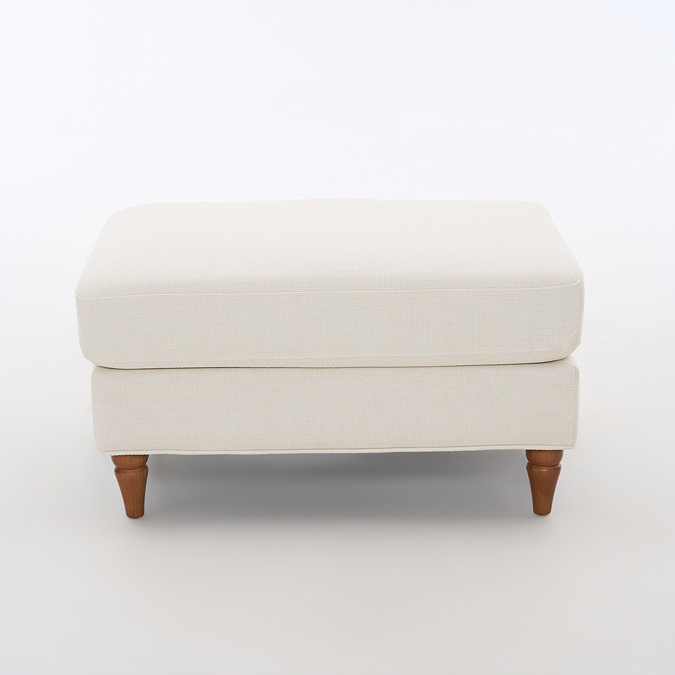 front on cut out image of beige woven fabric pouffe with warm wood legs