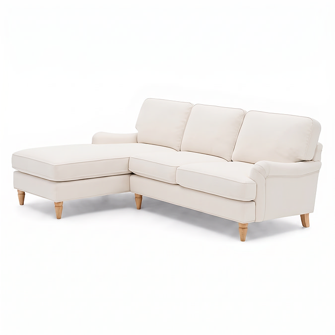 angled cut out image of beige woven corner sofa with light wood legs