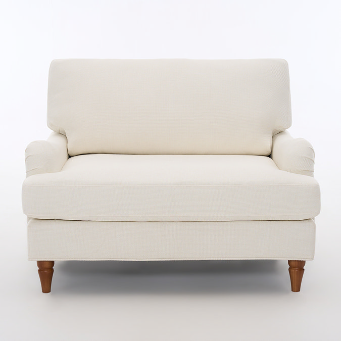 front on image of beige woven fabric snuggle chair with dark wood legs