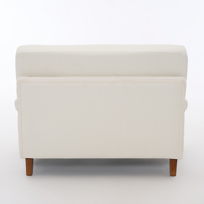 back cut out image of beige woven fabric snuggle chair with wood legs