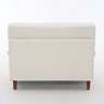 back cut out image of beige woven fabric snuggle chair with wood legs