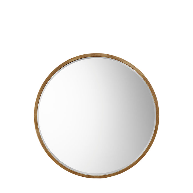 image cut out on white background of round mirror with thin antique gold frame