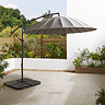 image of grey hanging parasol at 3m, over an empty sunny patio