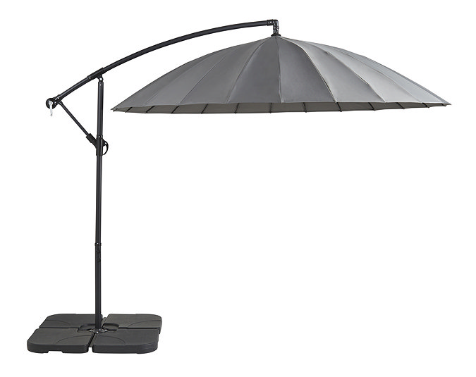 image cut out on white background of large open grey parasol