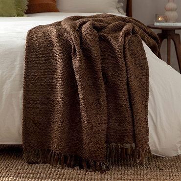 image of boucle chocolate brown throw folded over a ladder