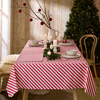 Red and white striped table cloth