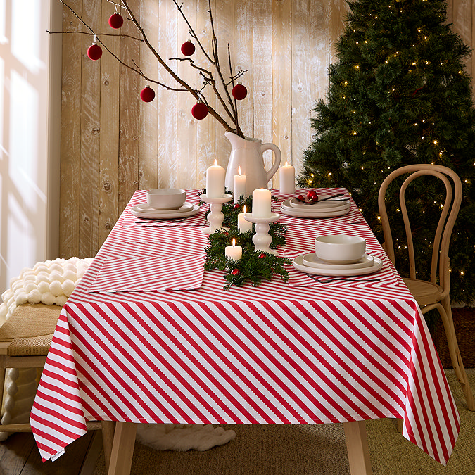 Red and white striped table cloth