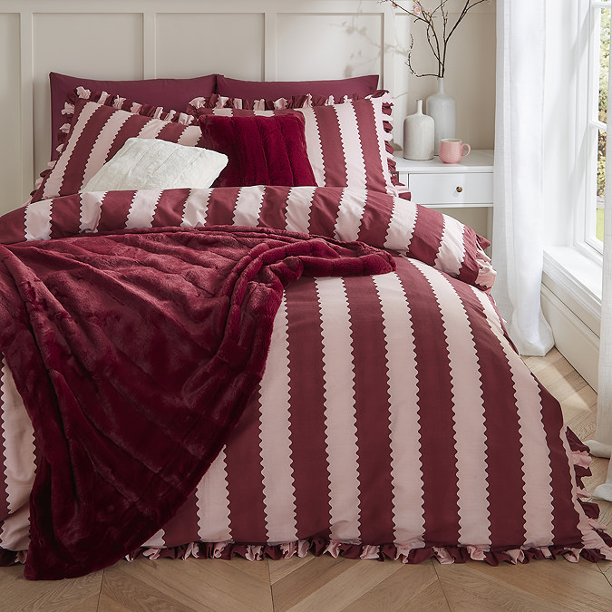 Candy Stripe Duvet Cover Set Burgundy Front Shot With Throw