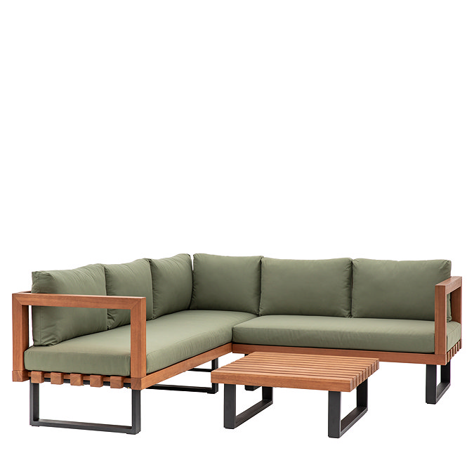 image cut out on white background of eucalyptus wooden corner sofa set with green cushions, with matching coffee table