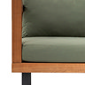 close up on clean lines of wooden outdoor corner sofa, with plush green cushion