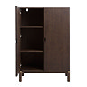 image cut out on white background of dark oak cabinet with left door open to reveal shelving inside