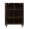 image cut out on white background of dark oak cabinet with both doors open to reveal ample shelving inside