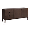 angled image cut out on white background of dark oak sideboard with two doors and three drawers