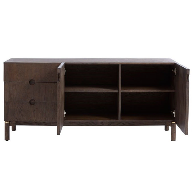 image cut out on white background of dark oak low sideboard with two doors open to reveal two shelves inside