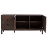 image cut out on white background of dark oak low sideboard with two doors open to reveal two shelves inside