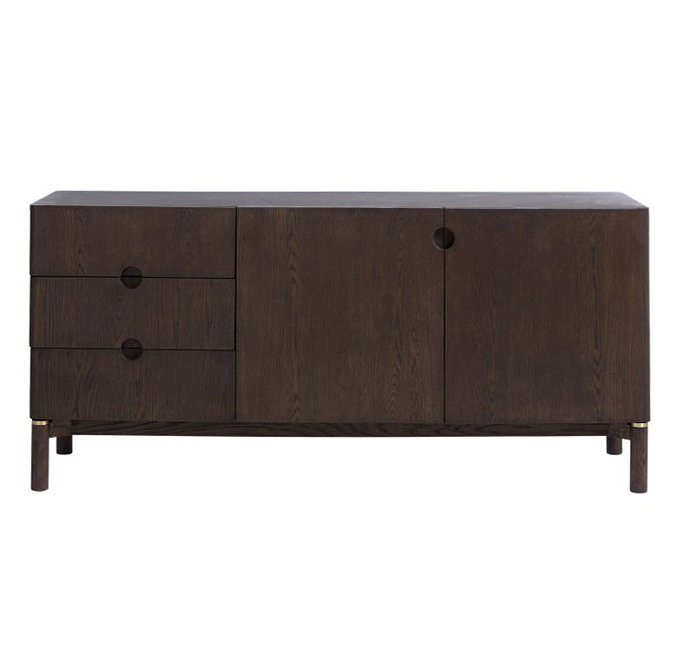 image cut out on white background of dark oak sideboard with two doors and three drawers
