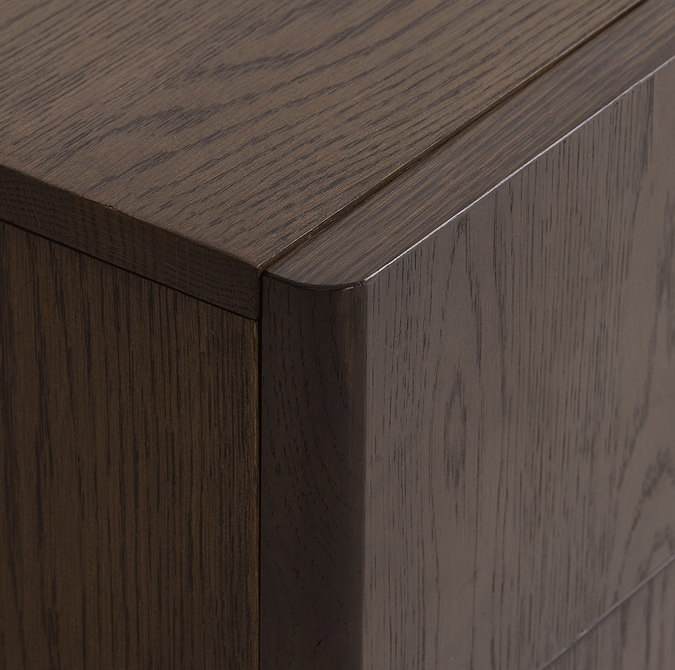 close up image of smooth top of dark oak tv low-board