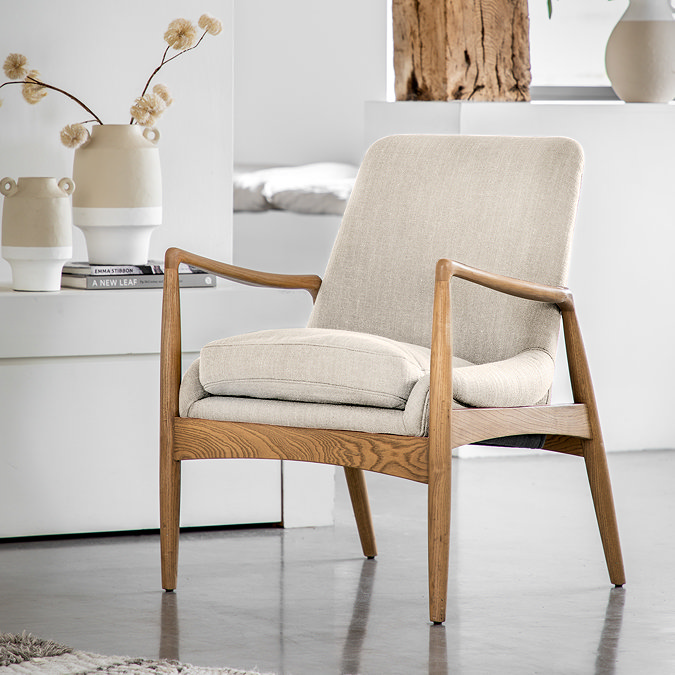image of solid oak accent chair with plush linen coloured seat and back cushions