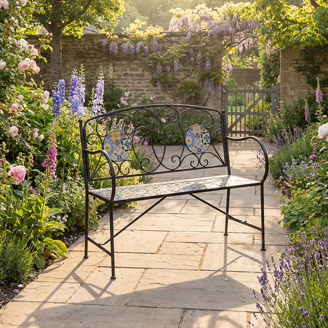 image of vibrant mosaic bench in sunny garden