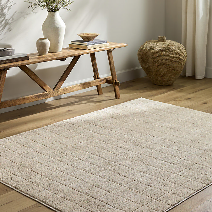 image of beige square lined rectangular rug on light wood flooring in living room