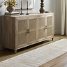image of beige runner with square pattern on wood flooring in front of sideboard