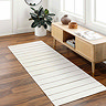 image of striped runner in ivory and beige on dark wood flooring