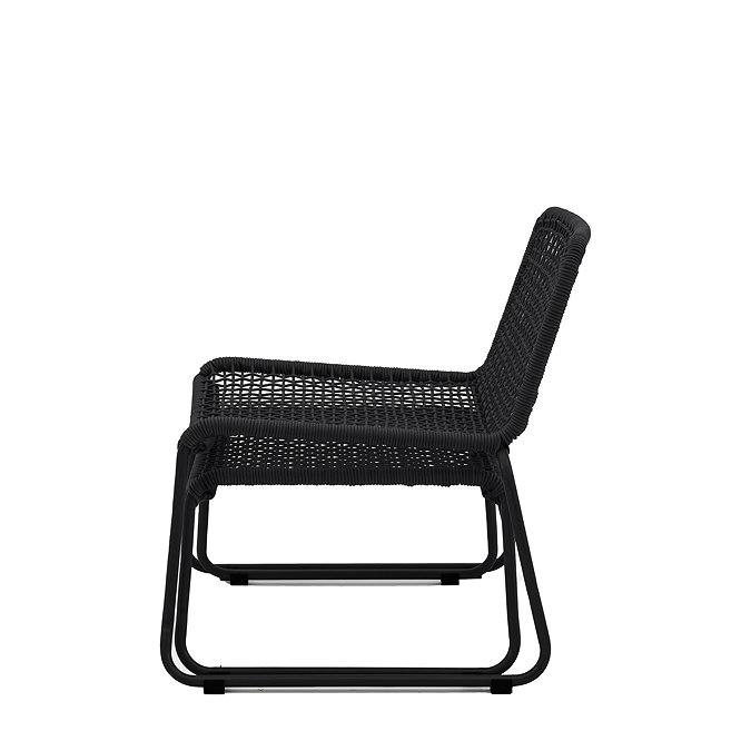side on image cut out of black rope garden lounge chair with footstool tucked under it