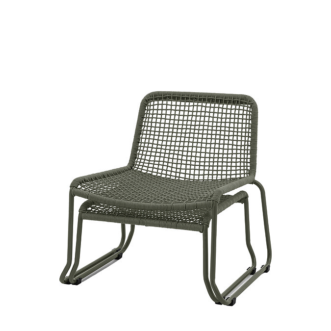 cut out of green woven rope garden chair with footstool tucked underneath