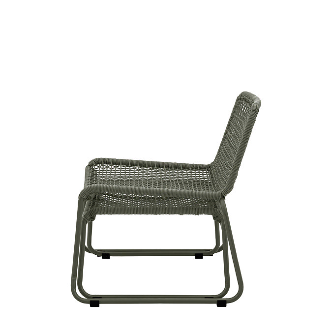 side on image of green woven rope garden chair with matching footstool underneath