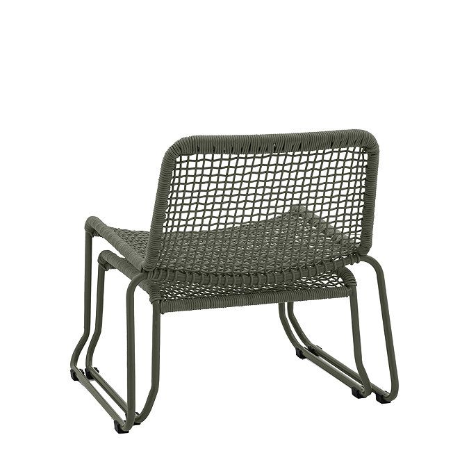 back image cut out of woven green garden chair with matching footstool tucked underneath