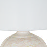 close up on white linen shade of ceramic table lamp