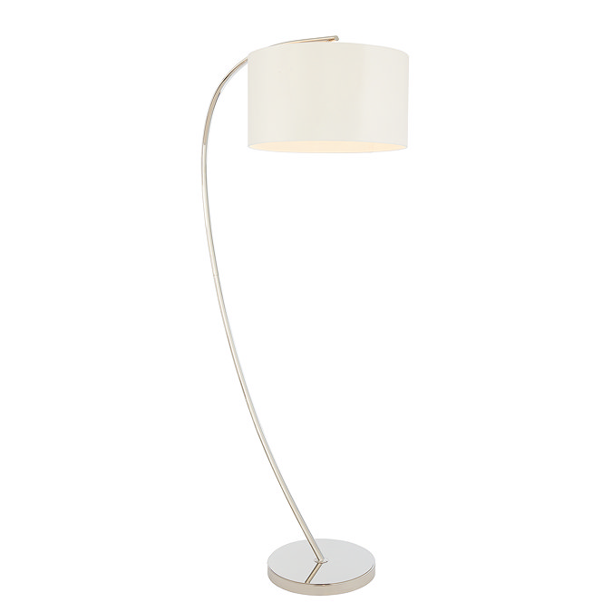 image cut out on white background of curved nickel floor lamp with natural linen shade