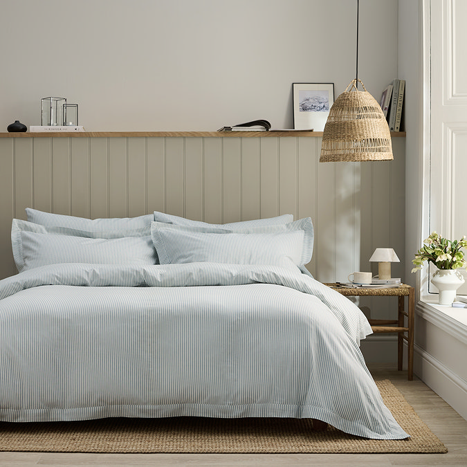 Christy blue ticking stripe bedding image