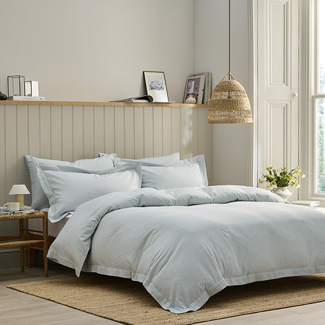 Christy blue ticking stripe bedding image