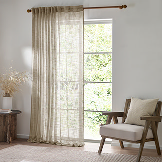 Cirrus Tap Top Sheer Curtain Panel in Linen over a window image