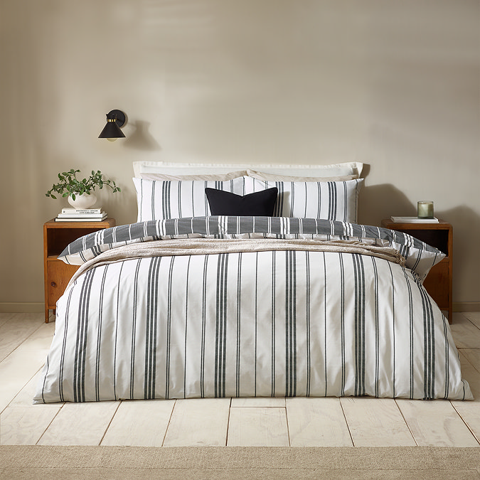 Harbour Stripe Duvet Cover Set in black on bed image 1
