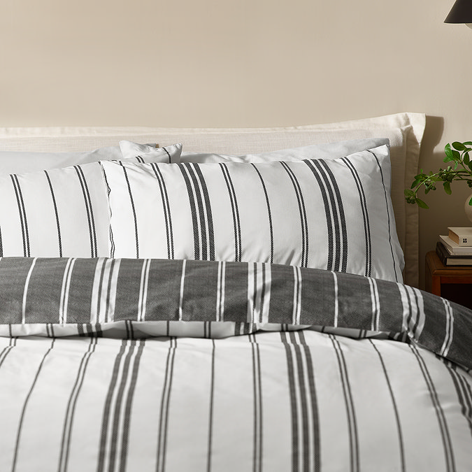 Harbour Stripe Duvet Cover Set close up in black on bed image 1