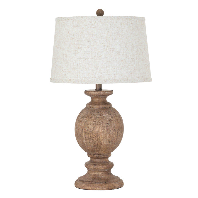 cut out image of brown wooden table lamp with linen shade