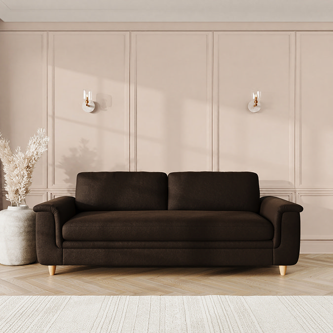 lifestyle image of grand sofa with sculpted arms and light oak feet, in cocoa velvet fabric