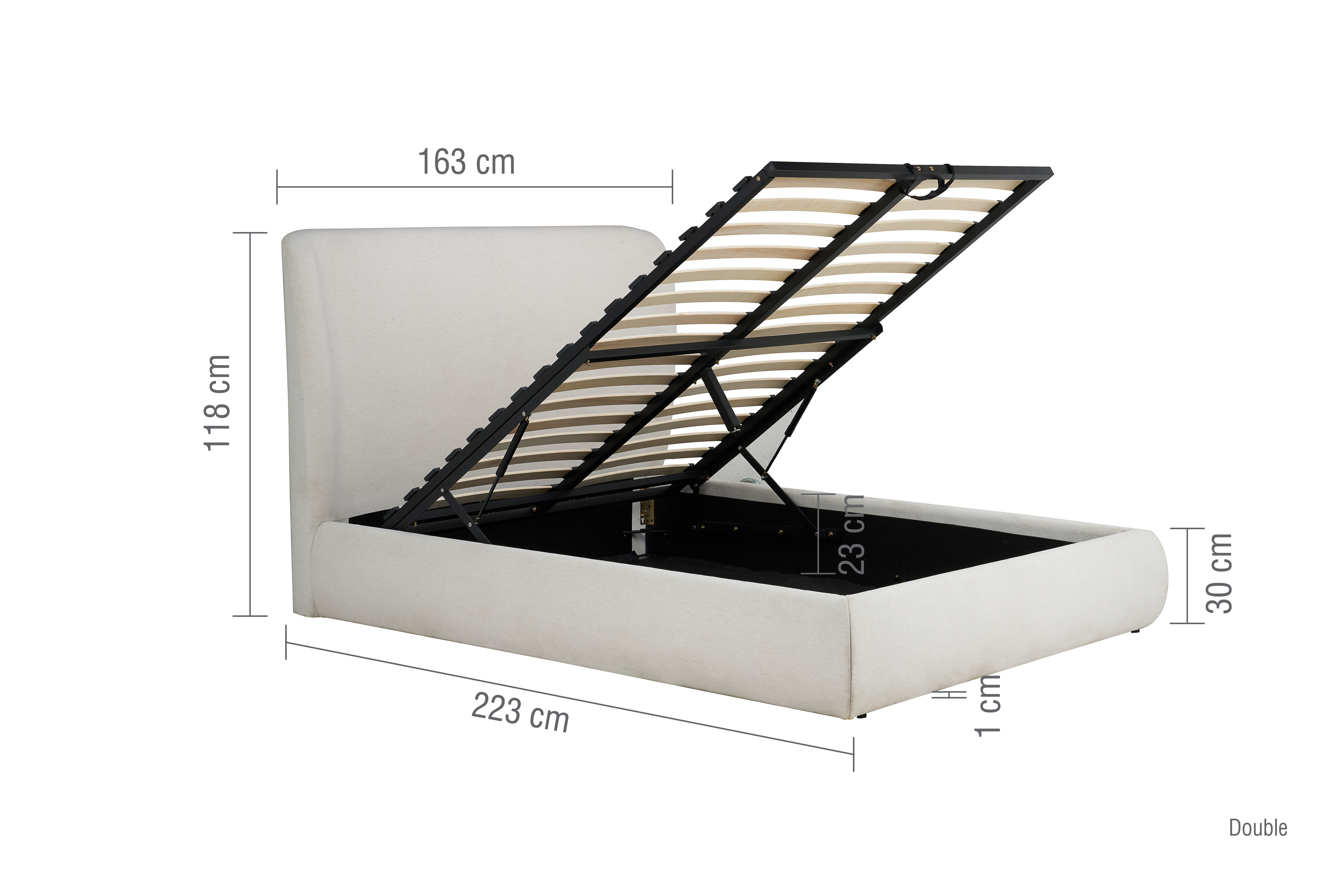 image cut out on white background of double ottoman bed with black arrow line dimensions to show size