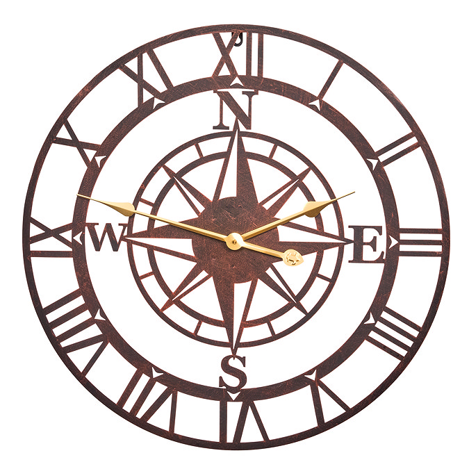 image cut out on white background of large round clock with central compass design