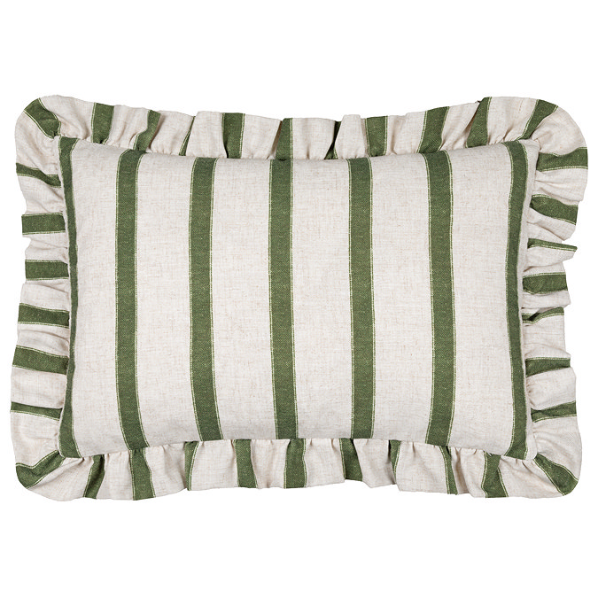 rectangular moss green striped cushion cut out on white background.