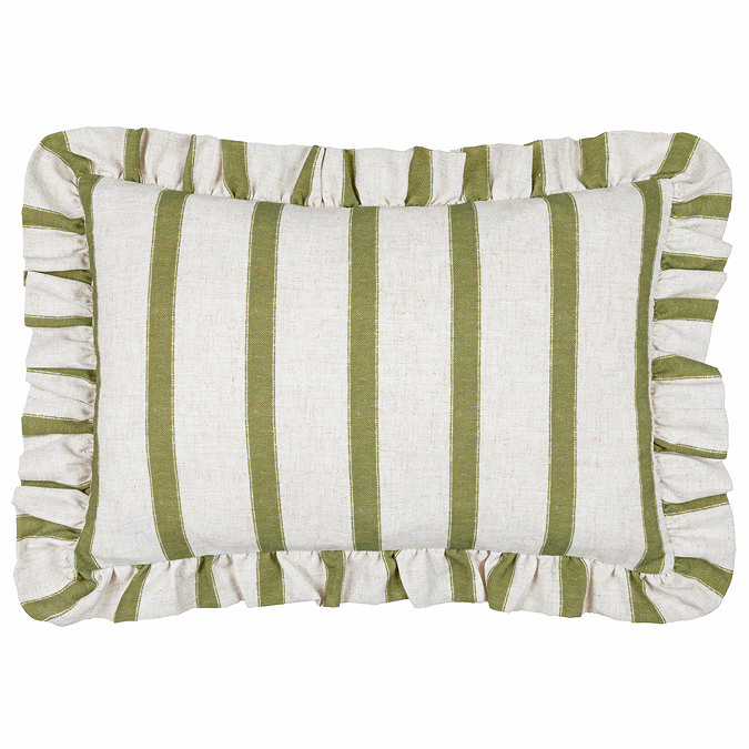 olive green striped cushion cut out on white background.